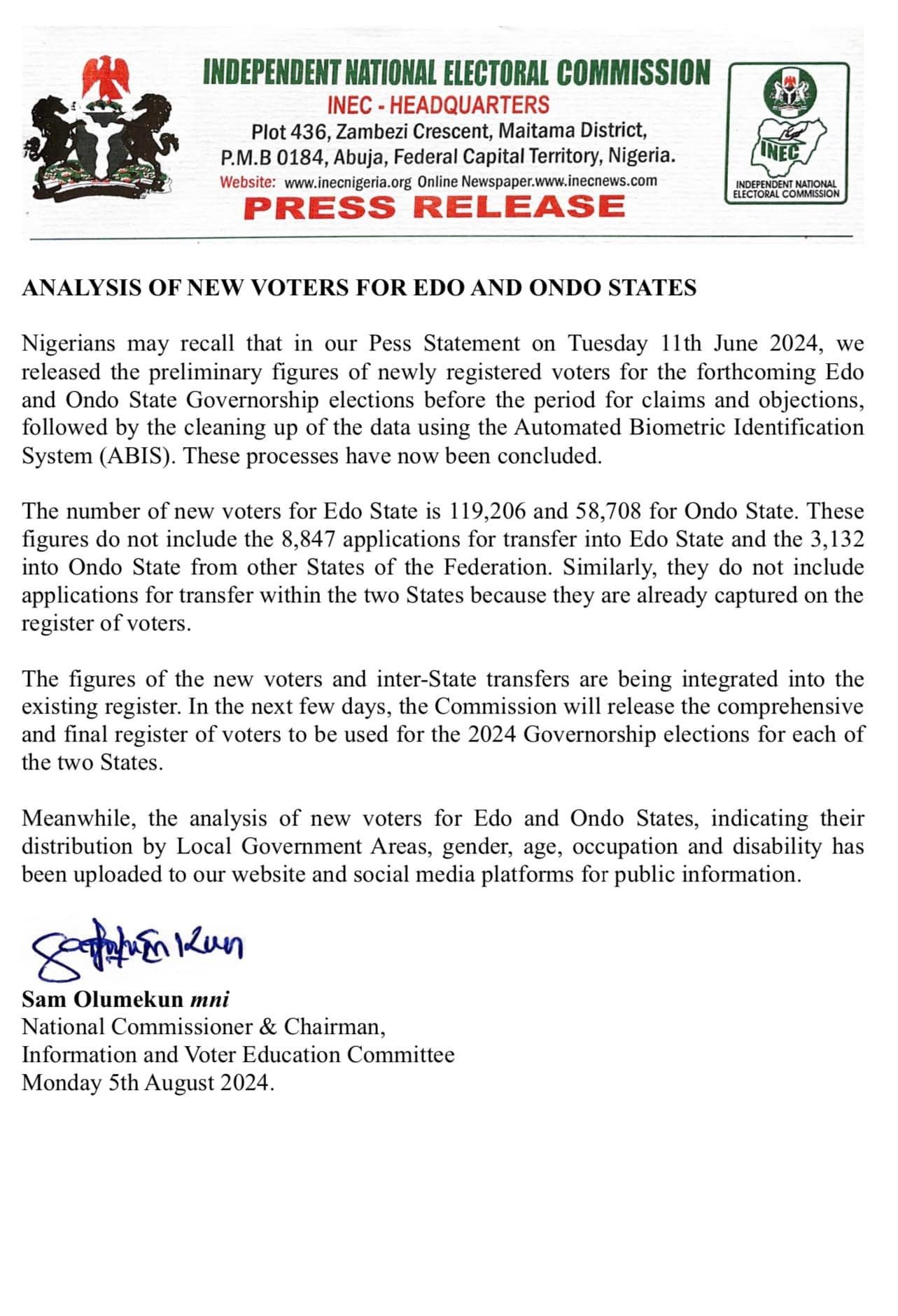 INEC PRESS RELEASE