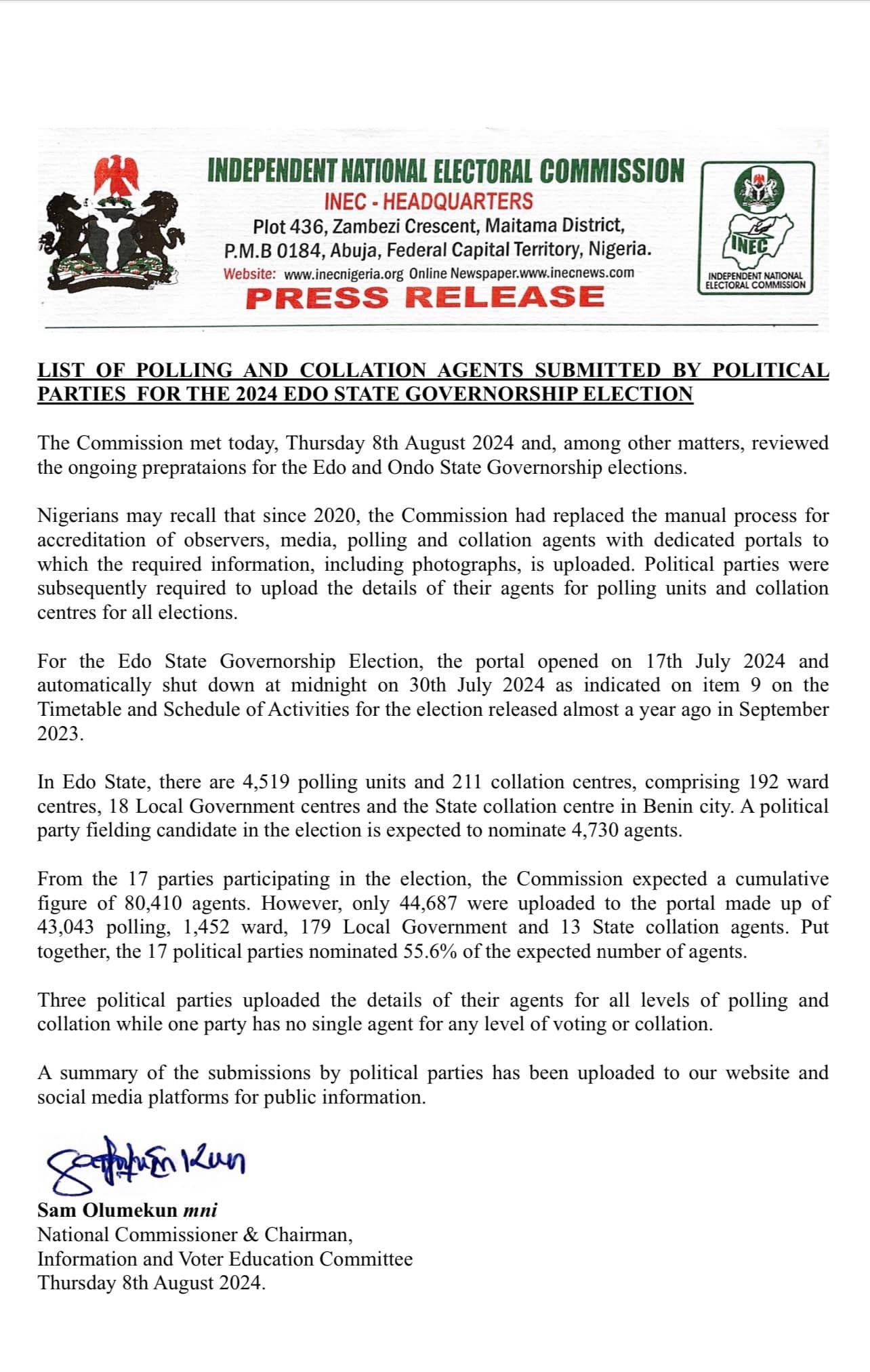 INEC PRESS RELEASE – LIST OF POLLING AND COLLATION AGENTS SUBMITTED BY POLITICAL PARTIES FOR THE 2024 EDO STATE GOVERNORSHIP ELECTION