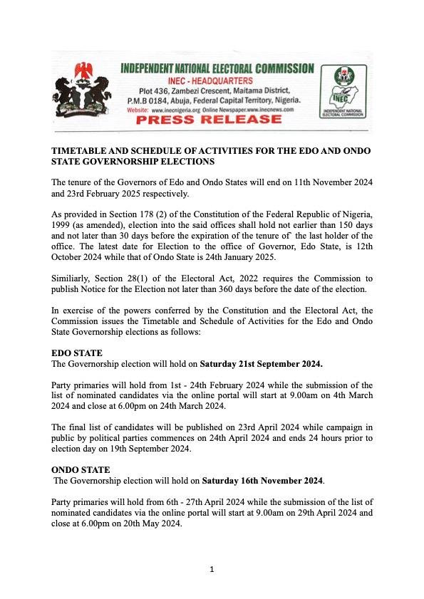 INEC Press Releases Edo Decides 2024