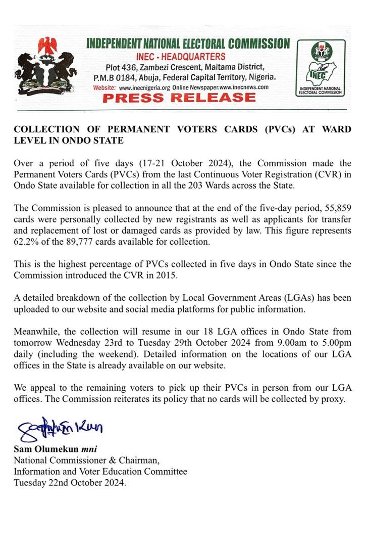 INEC Press Releases Ondo Decides 2024