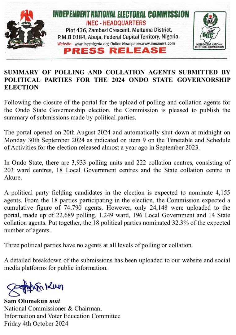 INEC Press Releases Ondo Decides 2024