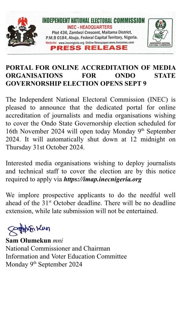 INEC Press Releases Ondo Decides 2024