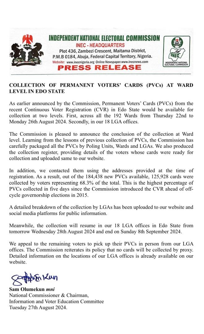 INEC Press Releases Edo Decides 2024