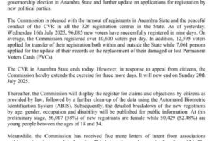 EXTENSION OF CONTINOUS VOTER REGISTRATATION IN ANAMBRA STATE AND FURTHER UPDATE ON PARTY REGISTRATATION