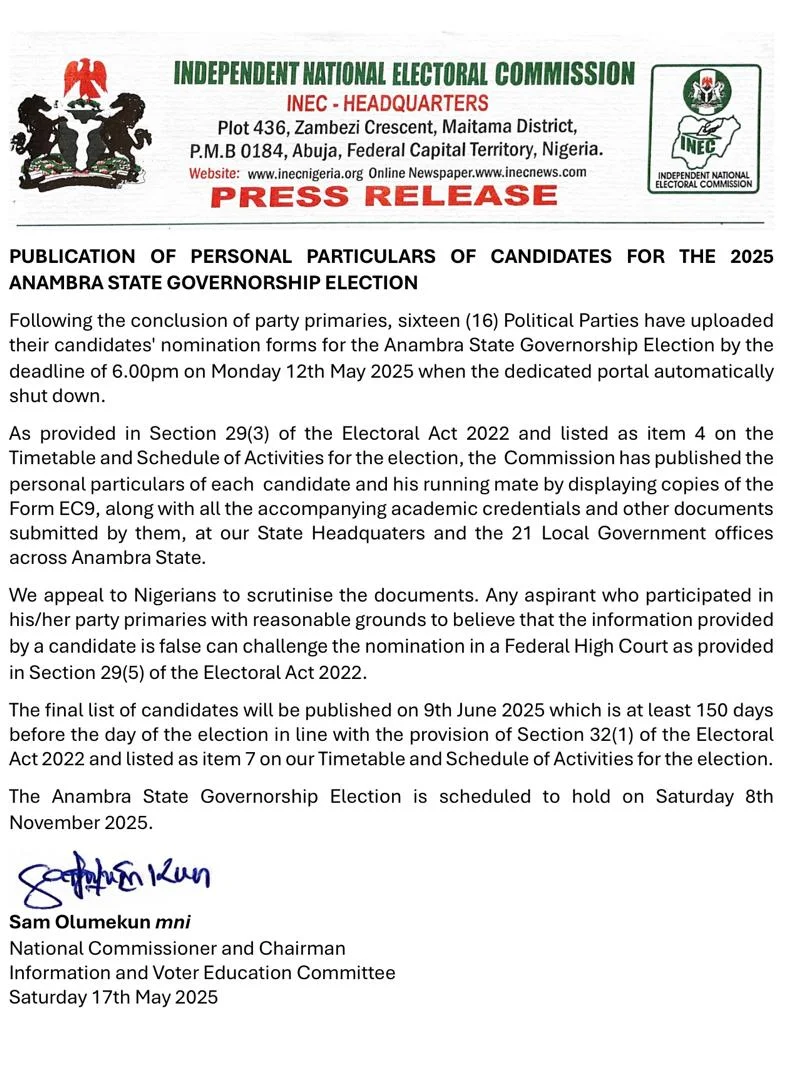 Publication of Personal Particulars of Candidates for 2025 Anambra Governorship Election (Press Release)